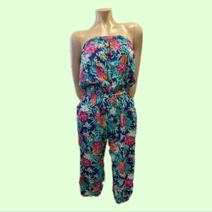 Retro Blue Tropical Print Playsuit EUC XL